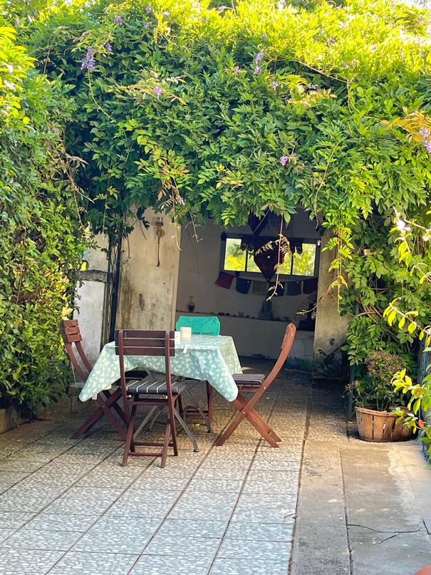 A small table on Viveka’s leafy terrace